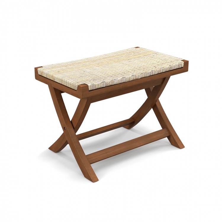 Folding natural rattan ottoman with hand-woven seat, crafted from teak wood for rustic appeal and space-saving.