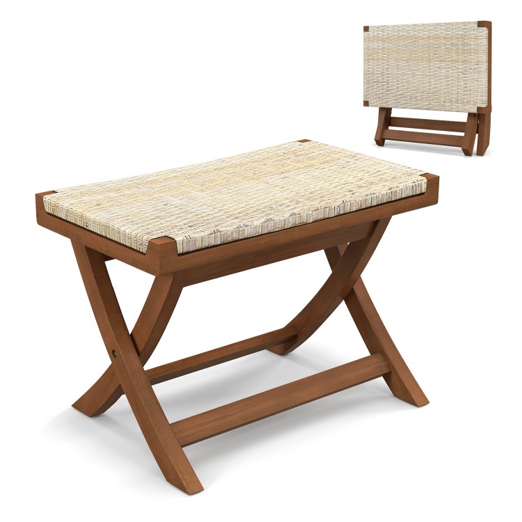 Folding natural rattan ottoman with hand-woven seat, crafted from teak wood, ideal for space-saving seating.