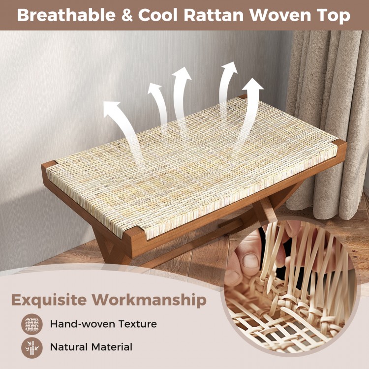 Folding natural rattan ottoman with hand-woven seat, showcasing breathable texture and teak wood for rustic appeal.