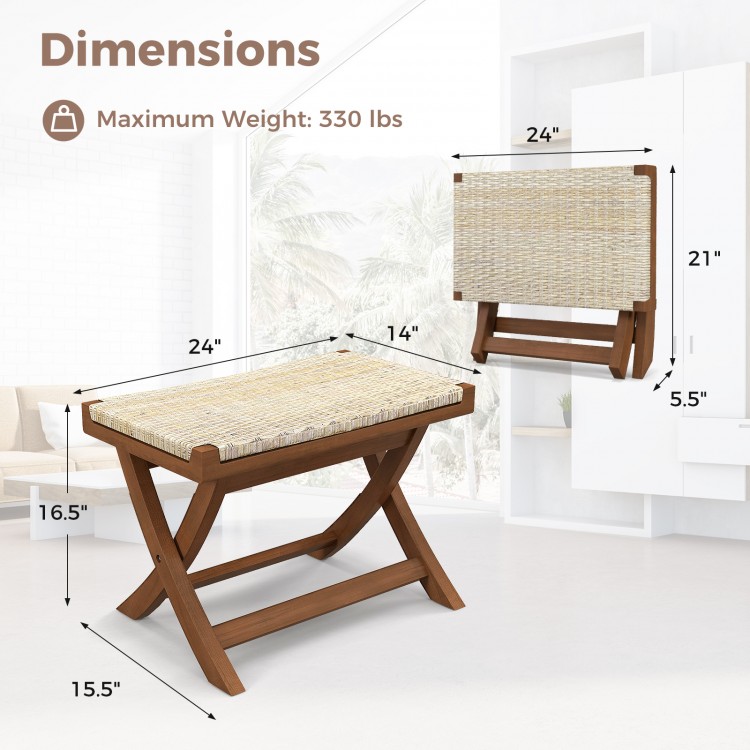 Folding natural rattan ottoman with hand-woven seat, made from teak wood, ideal for space-saving seating.