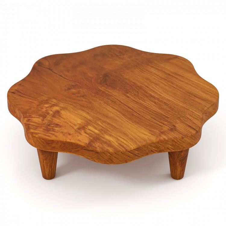 Flower-shaped 16" teak wood pedestal stand with four feet, perfect for displaying snacks or decor indoors and outdoors.