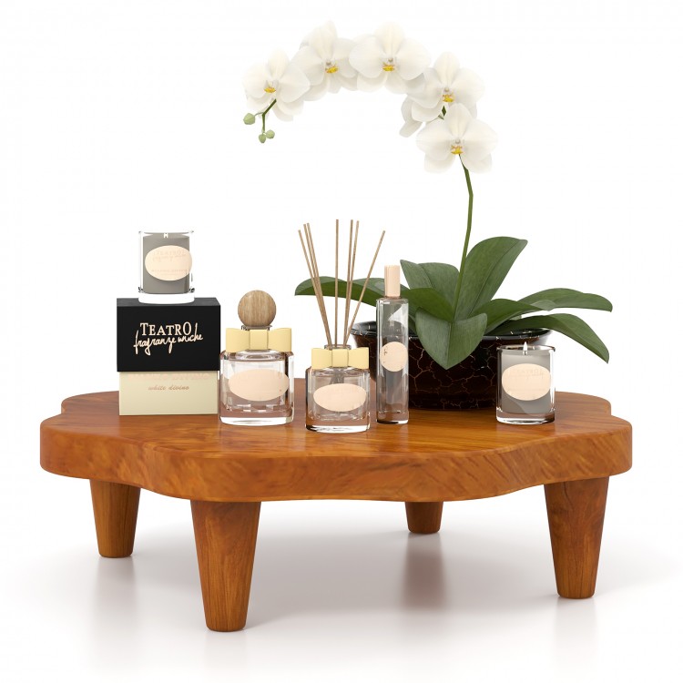 Teak wood pedestal stand with flower-shaped top, perfect for displaying aromatherapy and snacks in any setting.