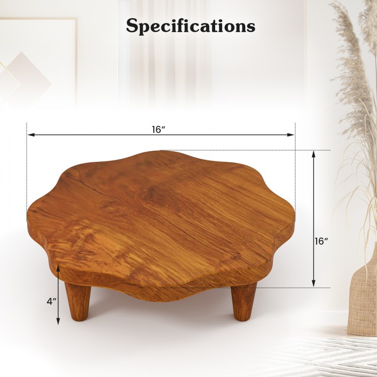 Teak wood pedestal stand with a flower-shaped top, 16" size, ideal for displaying snacks or decor in any setting.