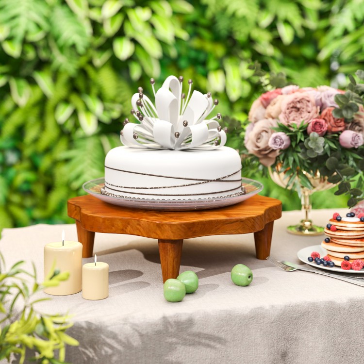 Teak wood pedestal stand with flower-shaped top, perfect for displaying cakes and decorations in any setting.