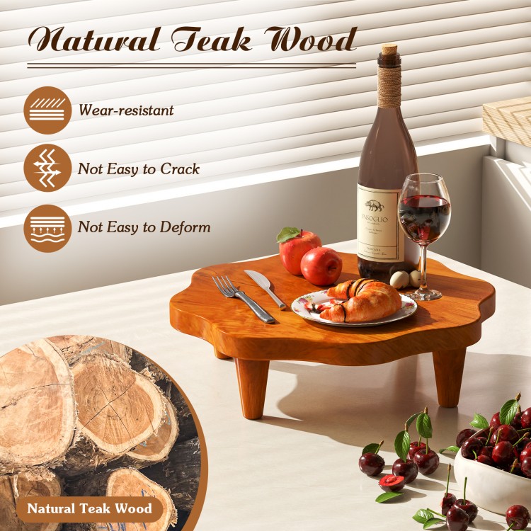 16" flower-shaped teak wood pedestal stand, wear-resistant and stable, perfect for displaying snacks or decor indoors.