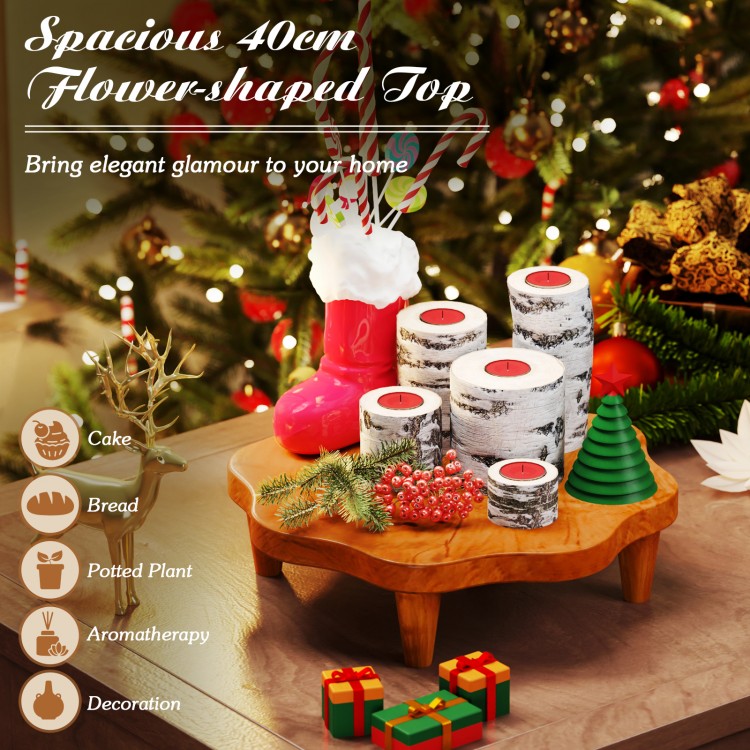 Teak wood pedestal stand with a flower-shaped top, perfect for displaying snacks, plants, or aromatherapy in any.
