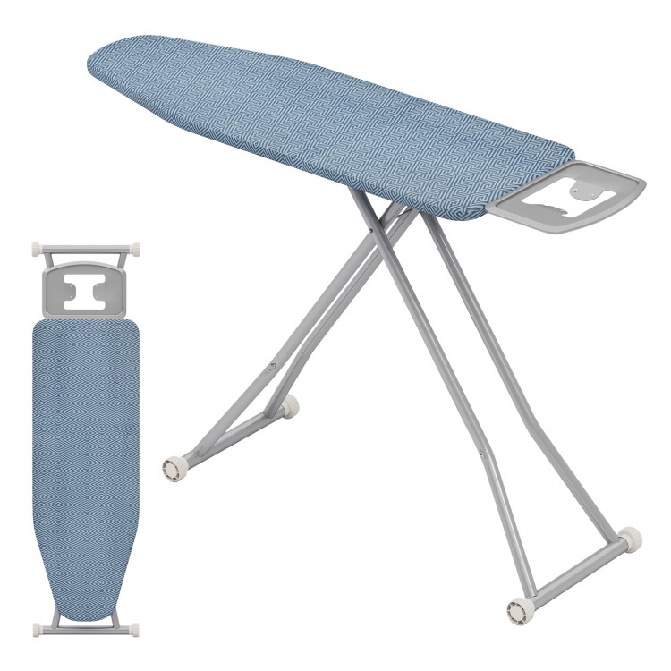 57" x 16.5" ironing table in blue with removable cover, iron rest, and 7 height adjustments for versatile use.
