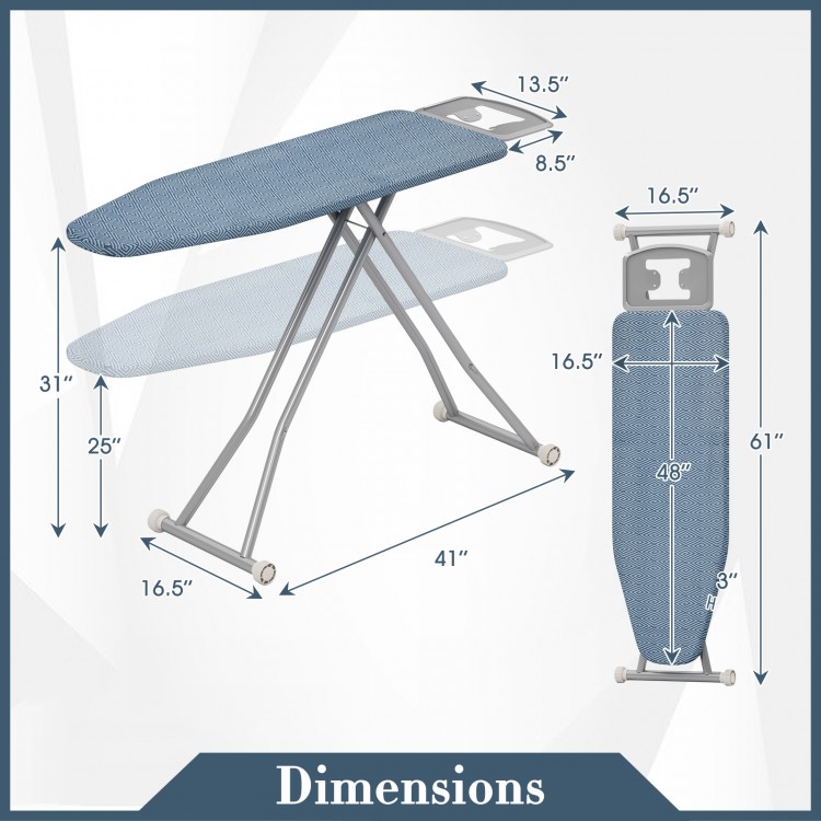 Dimensions of the 57" x 16.5" carbon steel ironing table with removable cover and iron rest, featuring 7 height.