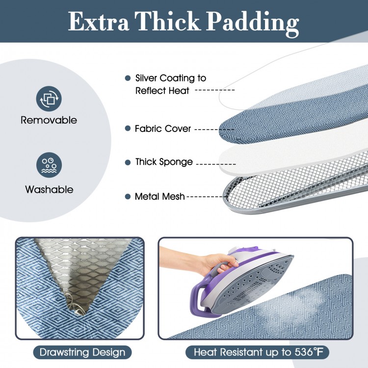 Extra thick padding and removable fabric cover on a blue ironing table, featuring a practical iron rest and 7 height.