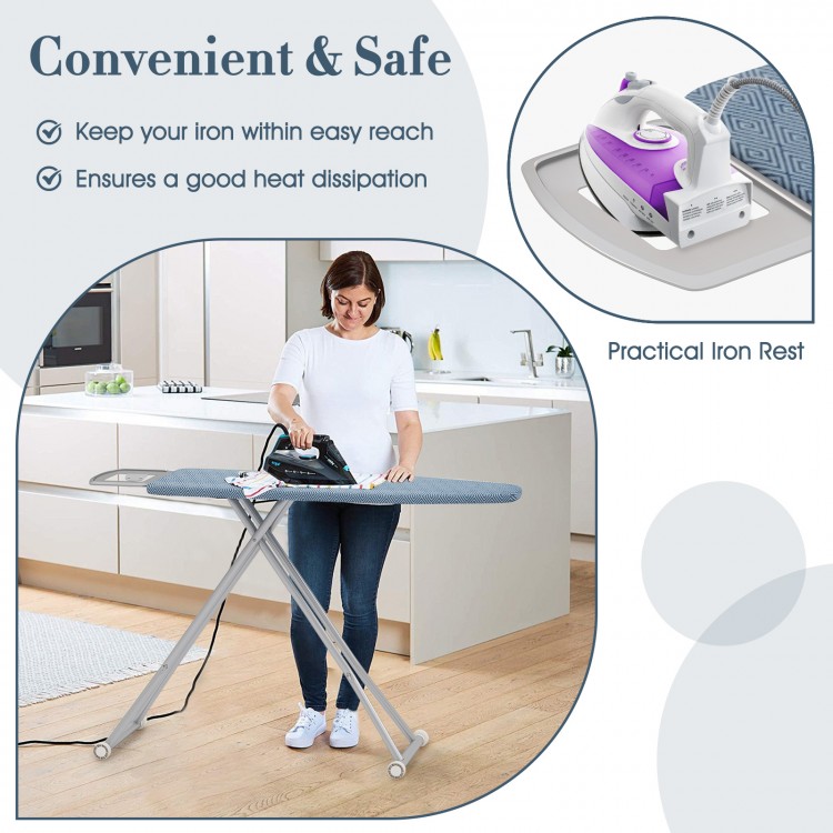 57" x 16.5" ironing table with practical iron rest, silver coating, and 7 height adjustments for versatile use.