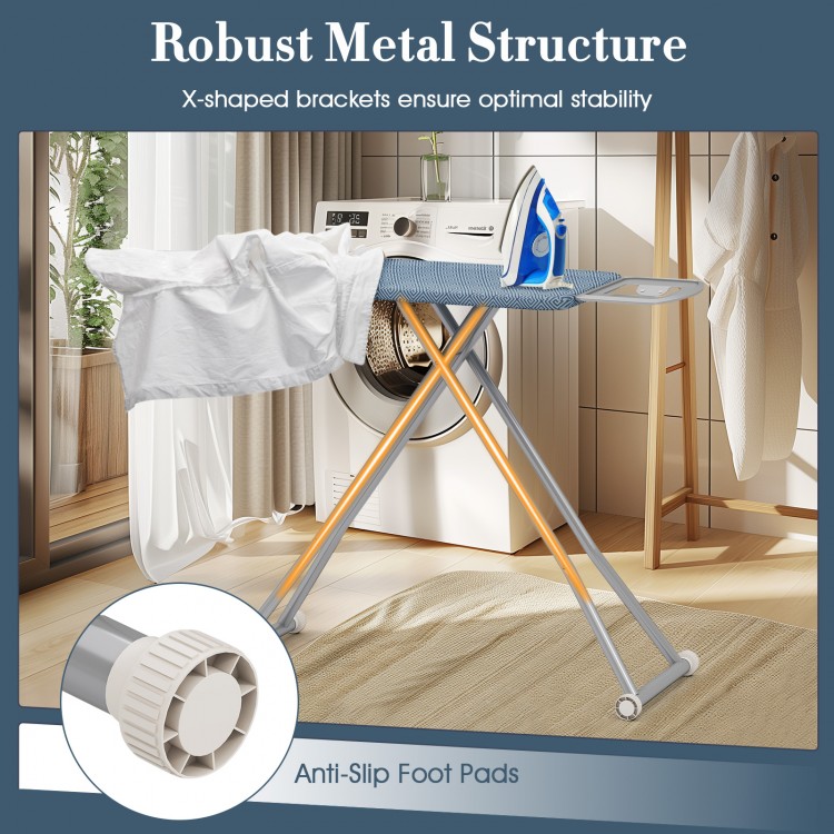 Carbon steel ironing table with iron rest, featuring anti-slip foot pads and 7 height adjustments for stability and.