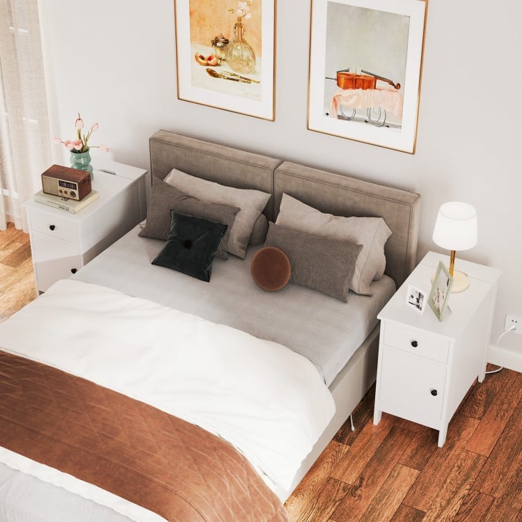 Flip top end table in white with USB ports, drawer, and charging station, perfect for bedside or sofa side use.