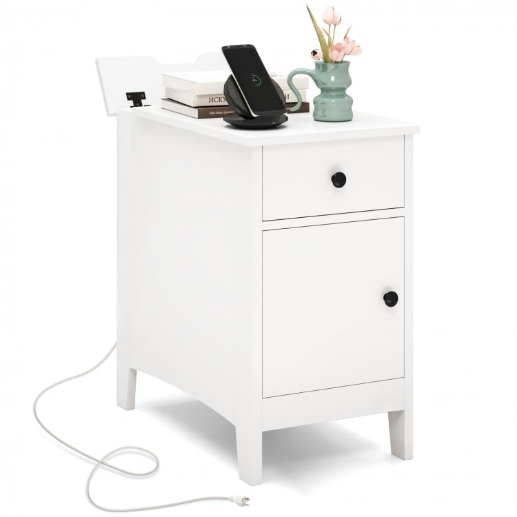 White flip top end table with charging station, USB ports, and drawer, ideal for bedside or sofa side use.