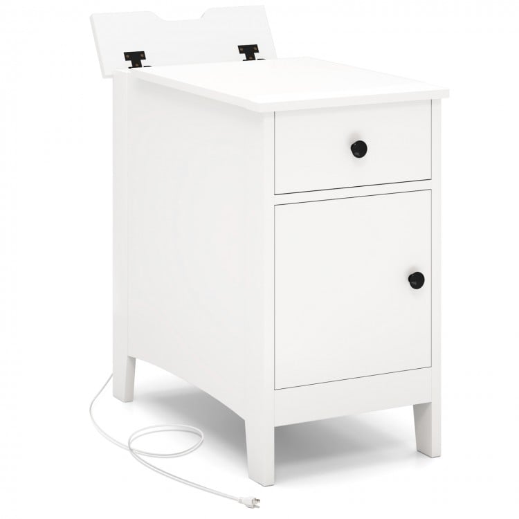 Flip top end table in white with USB ports, drawer, and storage, ideal for bedside or sofa side use.