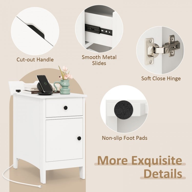 Close-up of the Flip Top End Table showcasing the cut-out handle, soft close hinge, and non-slip foot pads for.