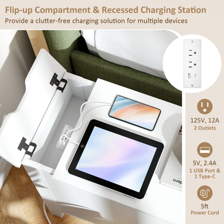 Flip-top end table with USB ports and outlets, featuring a drawer and charging station for clutter-free device storage.