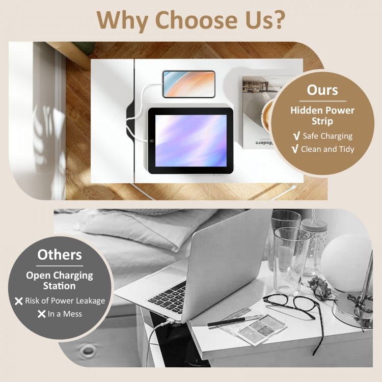 Flip top end table in white with charging station, USB ports, and drawer for clutter-free device storage.