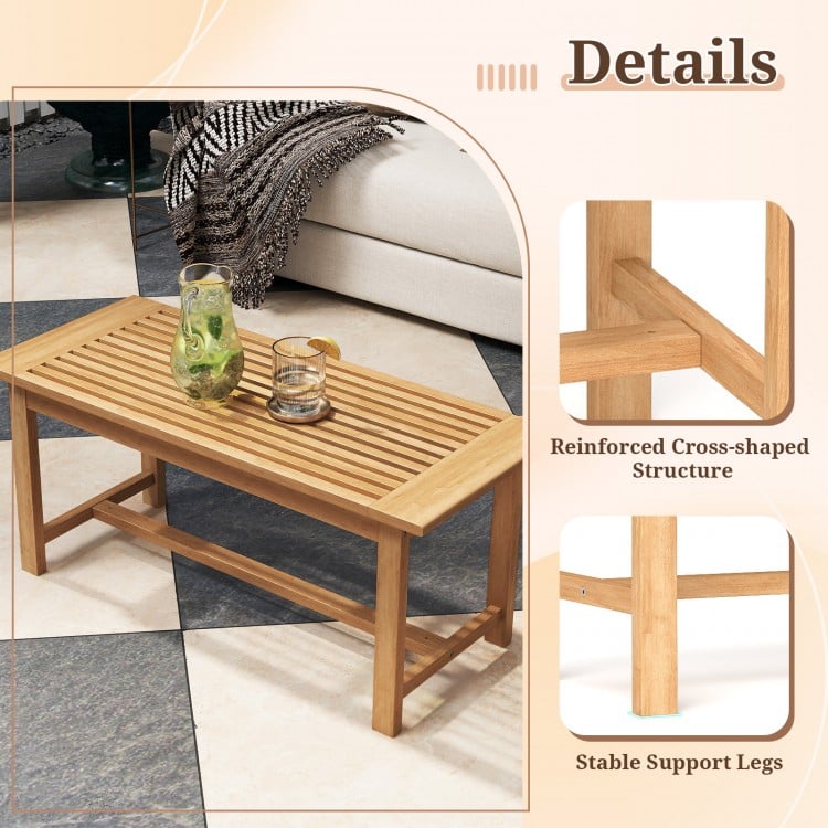 Rectangular patio coffee table with slatted teak wood tabletop and stable support legs, ideal for outdoor use.