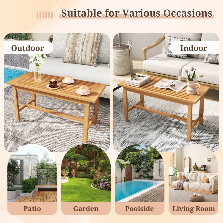 36-inch rectangular patio coffee table made of teak wood, featuring a slatted tabletop for outdoor and indoor use.