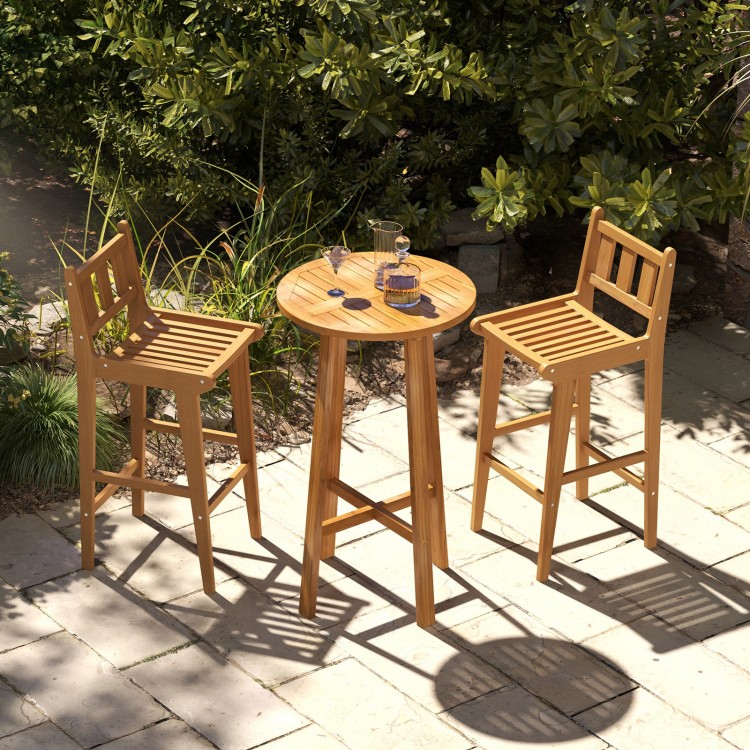Teak wood bar chairs with backrest and footrest, ideal for deck or poolside, showcasing elegant slatted design.