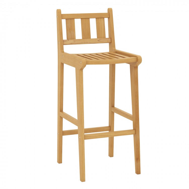 Teak wood bar chair with backrest and footrest, ideal for outdoor use by the poolside or garden.