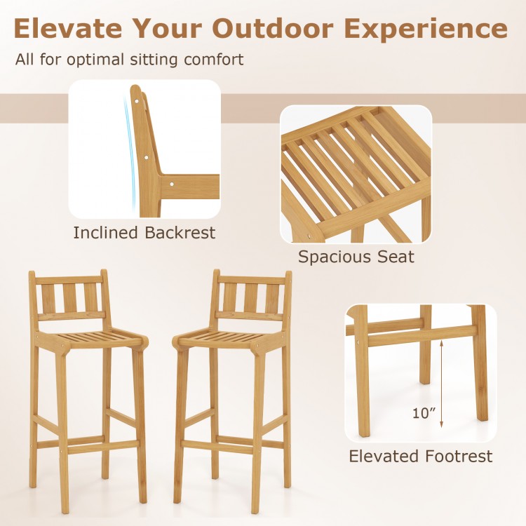Teak wood bar chair with inclined backrest and elevated footrest, ideal for deck or poolside outdoor seating.