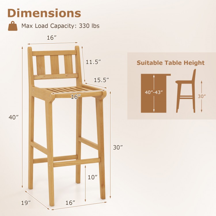 Teak wood bar chair with backrest and footrest, 30 inches tall, ideal for deck or poolside use, ensuring comfort and.