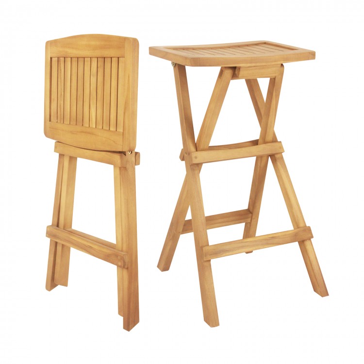 Folding outdoor bar stools made of teak wood with ergonomic saddle seat and x-shaped frame for stability and comfort.