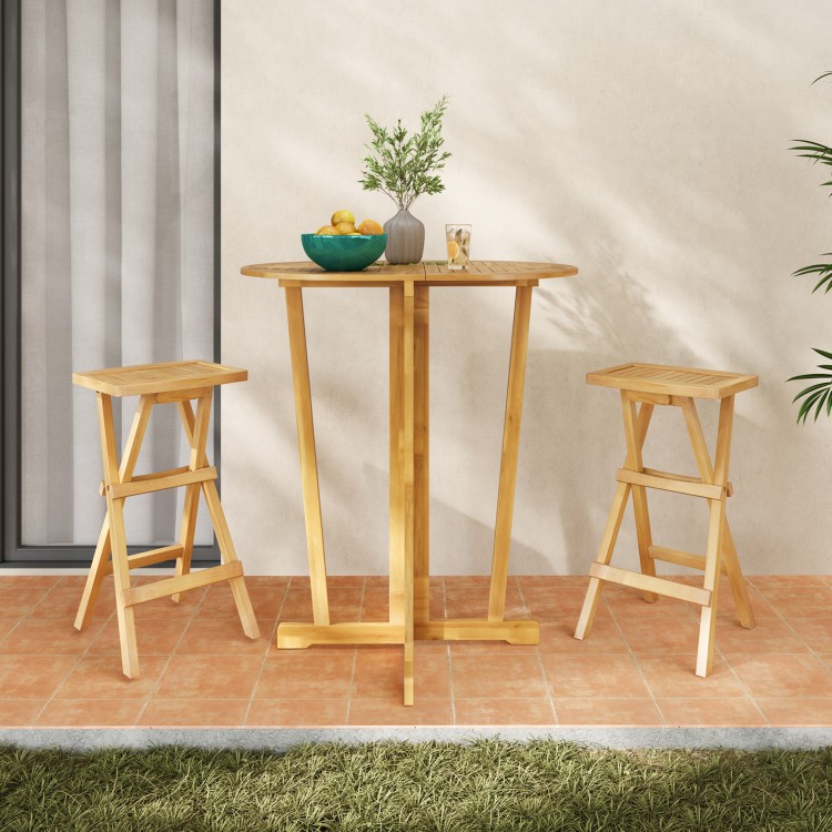 Folding outdoor bar stools with ergonomic saddle seats, crafted from teak wood, perfect for easy storage and comfort.