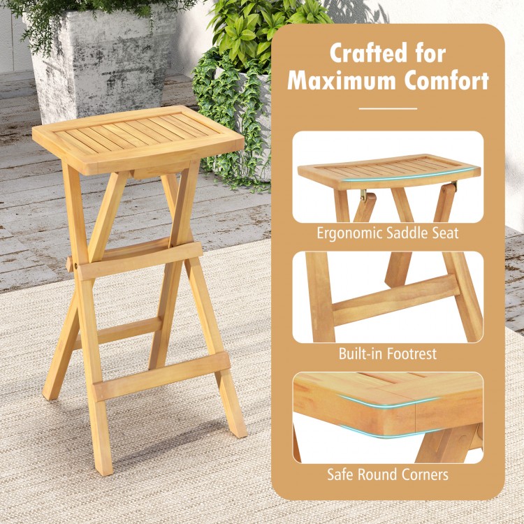 Folding outdoor bar stool with ergonomic saddle seat, crafted from teak wood, featuring a built-in footrest for comfort.