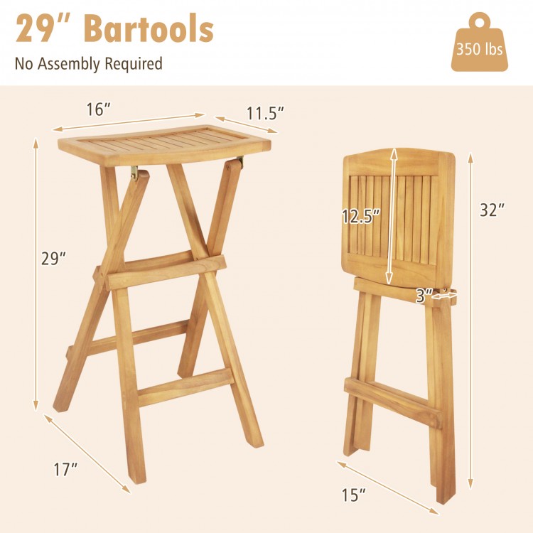 Set of 2 folding outdoor bar stools in teak wood with ergonomic saddle seat and x-shaped frame for stability.