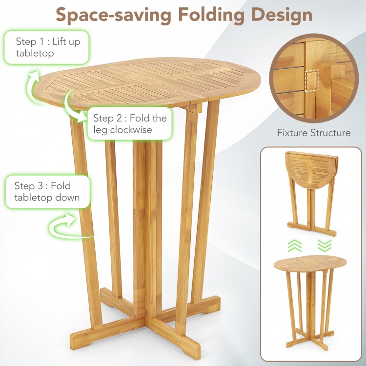 Outdoor folding bar table with oval teak wood tabletop, showcasing space-saving design and sturdy cross base for easy.