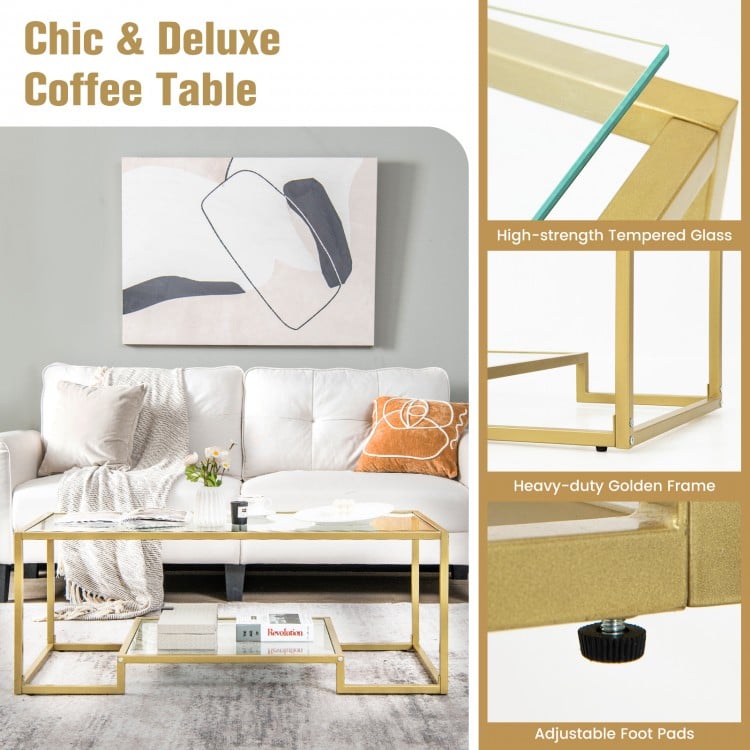 Modern 2-tier rectangular coffee table with a glass top and golden frame, perfect for living room or office use.