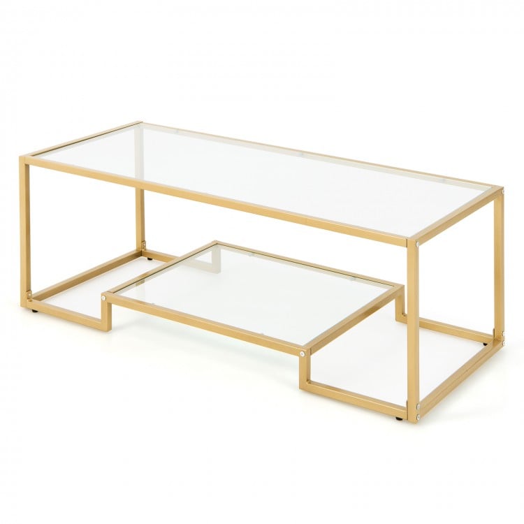 Modern 2-tier rectangular coffee table with a golden frame and glass top, ideal for living room or office use.