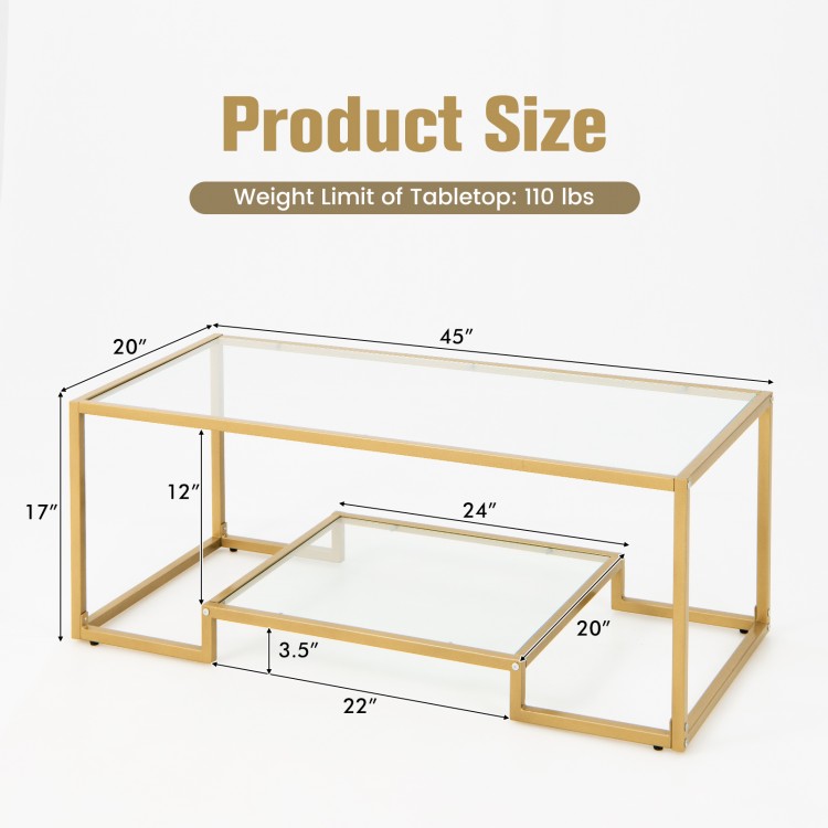 Modern 2-tier rectangular coffee table with golden frame and glass top, featuring dimensions and weight limit for.