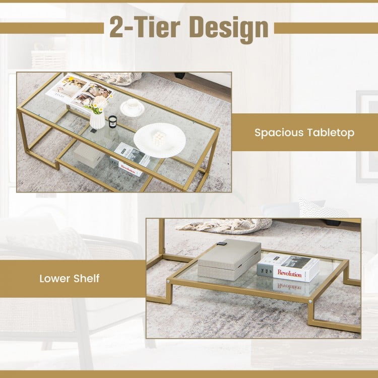 Modern 2-tier rectangular coffee table with a spacious glass top and lower shelf, ideal for living room or office use.