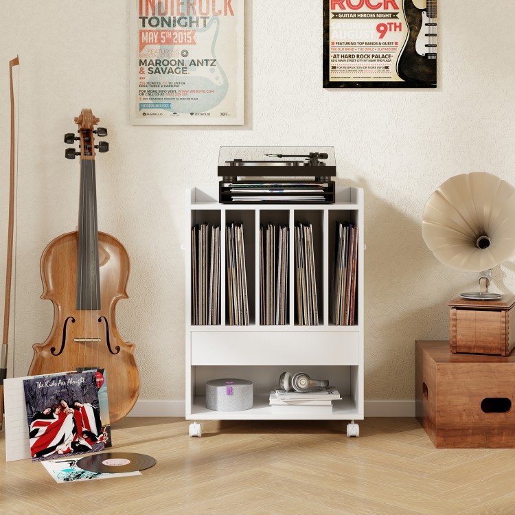 Vinyl record holder with dividers, smooth-rolling wheels, and drawer for organized storage in white finish.