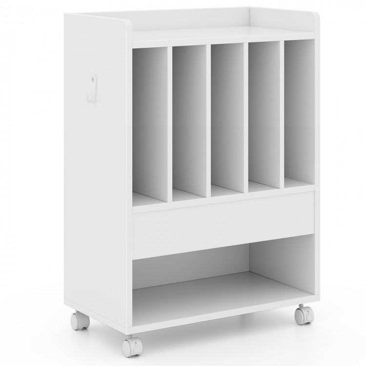 Record rolling turntable player stand in white with dividers, drawer, and smooth-rolling wheels for easy mobility.