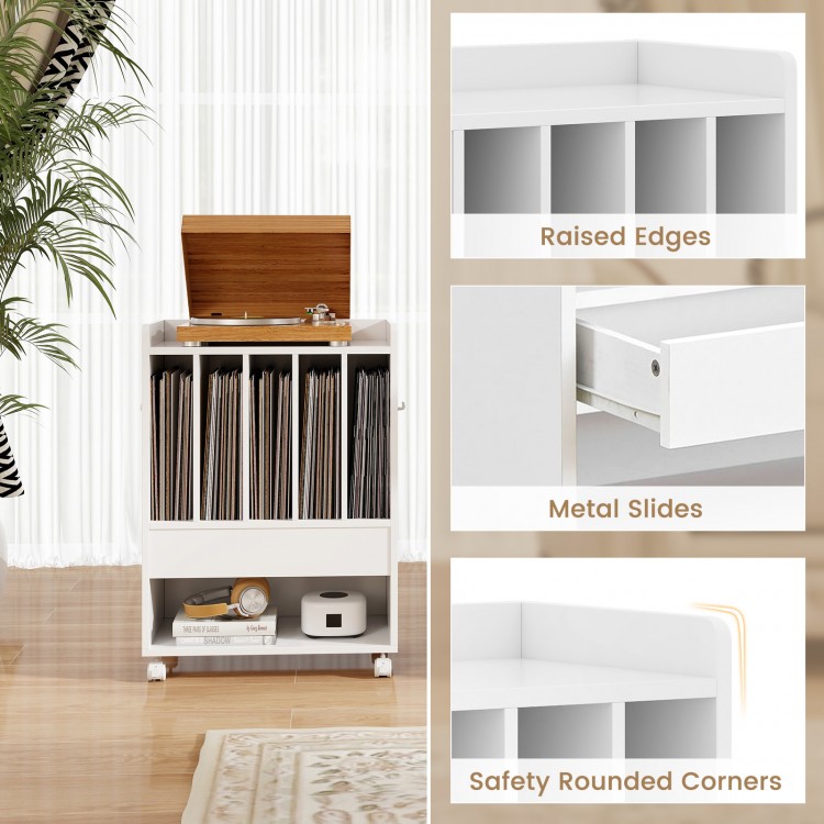 Record rolling turntable player stand in white with dividers, smooth metal slides, and safety rounded corners for vinyl.