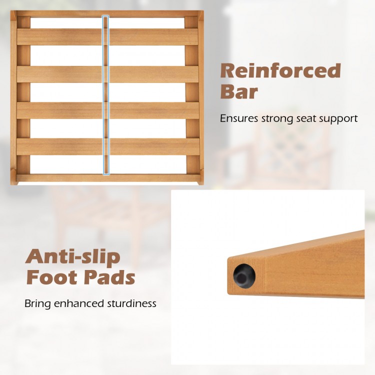 Teak wood slatted patio chair detail showing reinforced bar for strong seat support and anti-slip foot pads for.