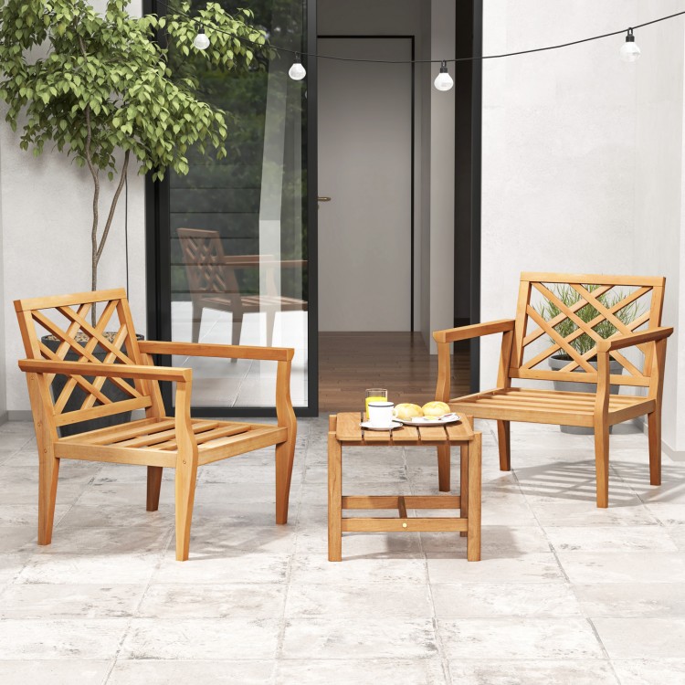 Teak wood slatted patio chairs with cozy backrest and armrests, perfect for outdoor seating on patios or porches.