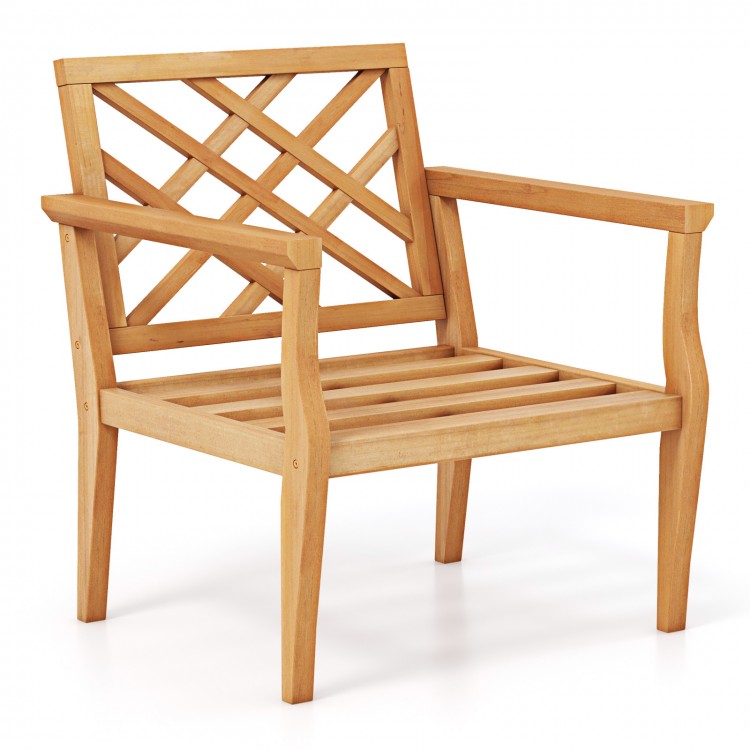 Teak wood slatted patio chair with ergonomic backrest and armrests, perfect for outdoor seating and relaxation.