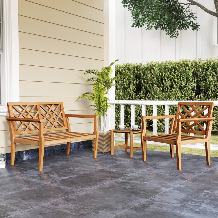Teak wood slatted patio chair set with cozy backrest and armrests, perfect for outdoor relaxation on patios or porches.