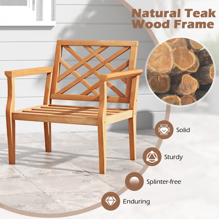 Teak wood slatted patio chair with cozy backrest and armrests, sturdy design for outdoor use, supports up to 400 lbs.