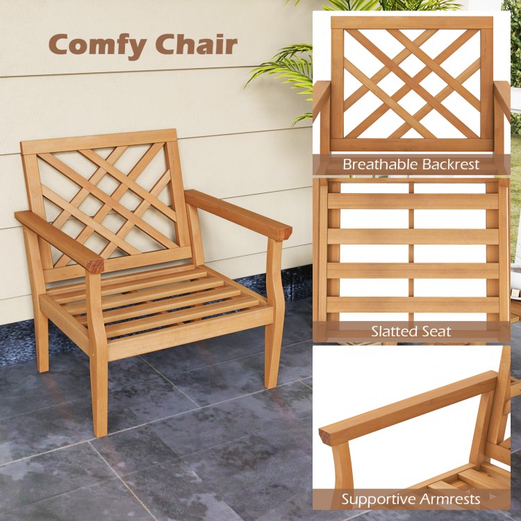 Teak wood slatted patio chair with ergonomic backrest and armrests, ideal for outdoor relaxation and sturdy support.