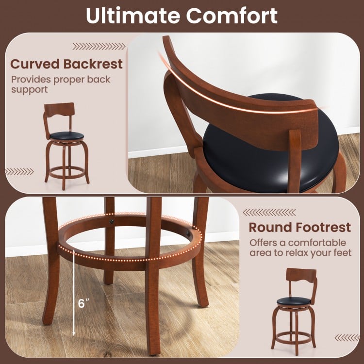 Curved backrest and round footrest detail of 24-inch swivel bar stools with rubber wood frame for kitchen or bar use.