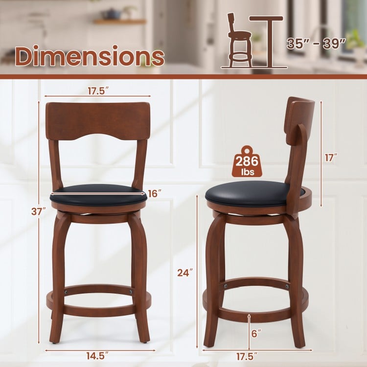 Swivel bar stool with rubber wood frame and upholstered seat, featuring a curved backrest and 360° rotation, ideal for.
