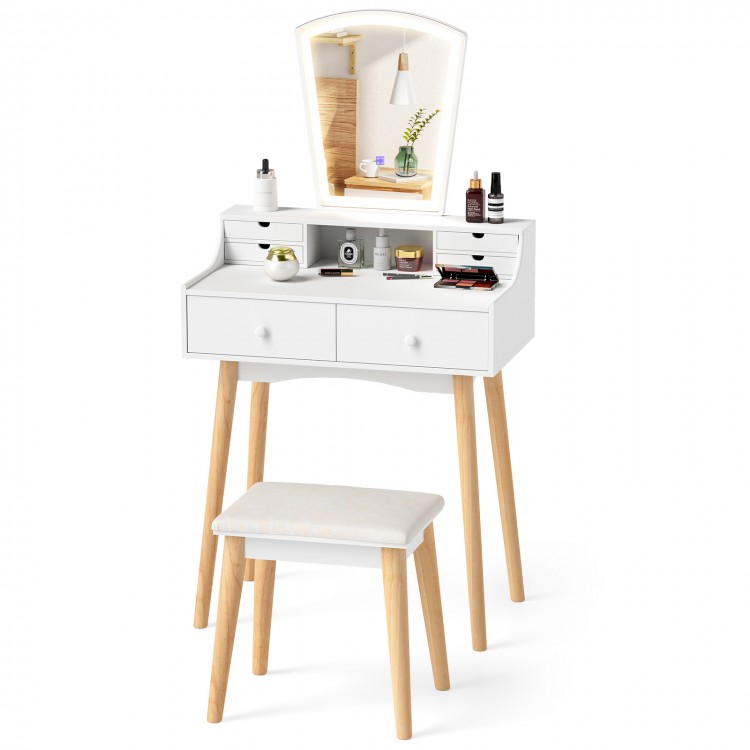 Vanity desk set in white with 3-color LED mirror, 6 drawers, and a padded stool for versatile makeup needs.