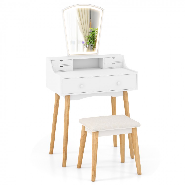 Vanity desk set in white with 3-color LED mirror, 6 drawers, and padded stool for stylish makeup organization.