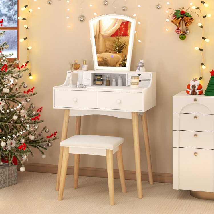 Vanity desk set in white with 3-color LED mirror, 6 drawers, and a padded stool, perfect for makeup needs.